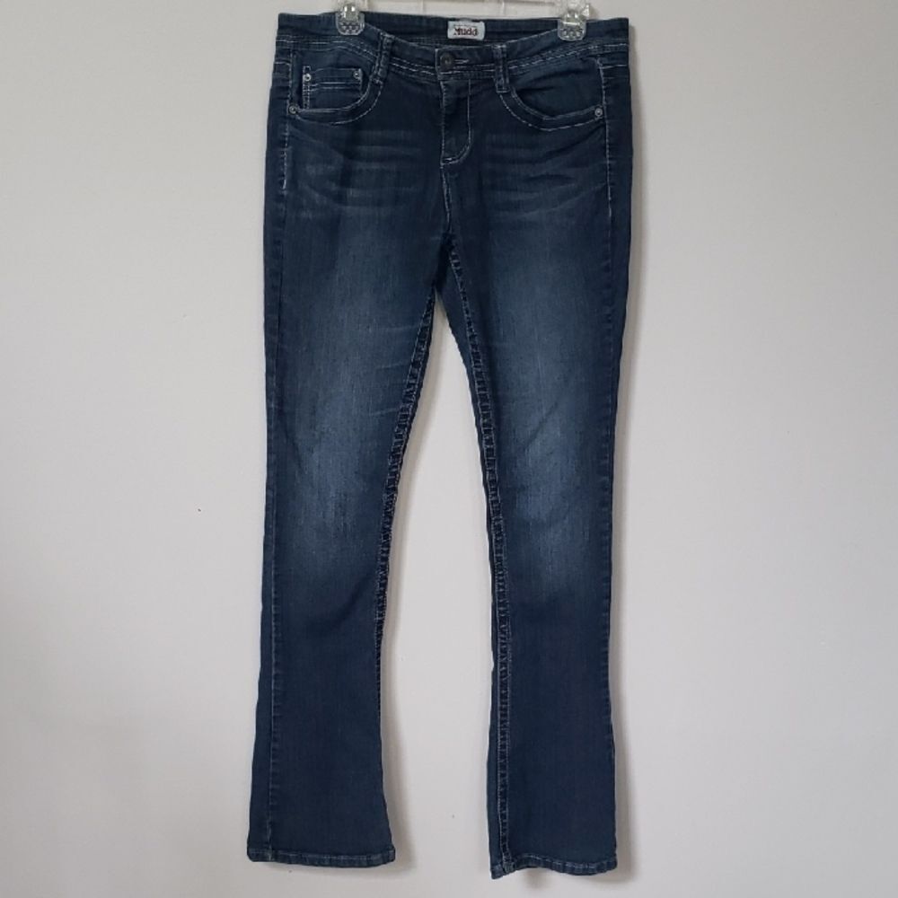 Mudd Blue Jeans Juniors 11 Long Flared Stretch Denim Low Rise Y2K Retro Boot Cut